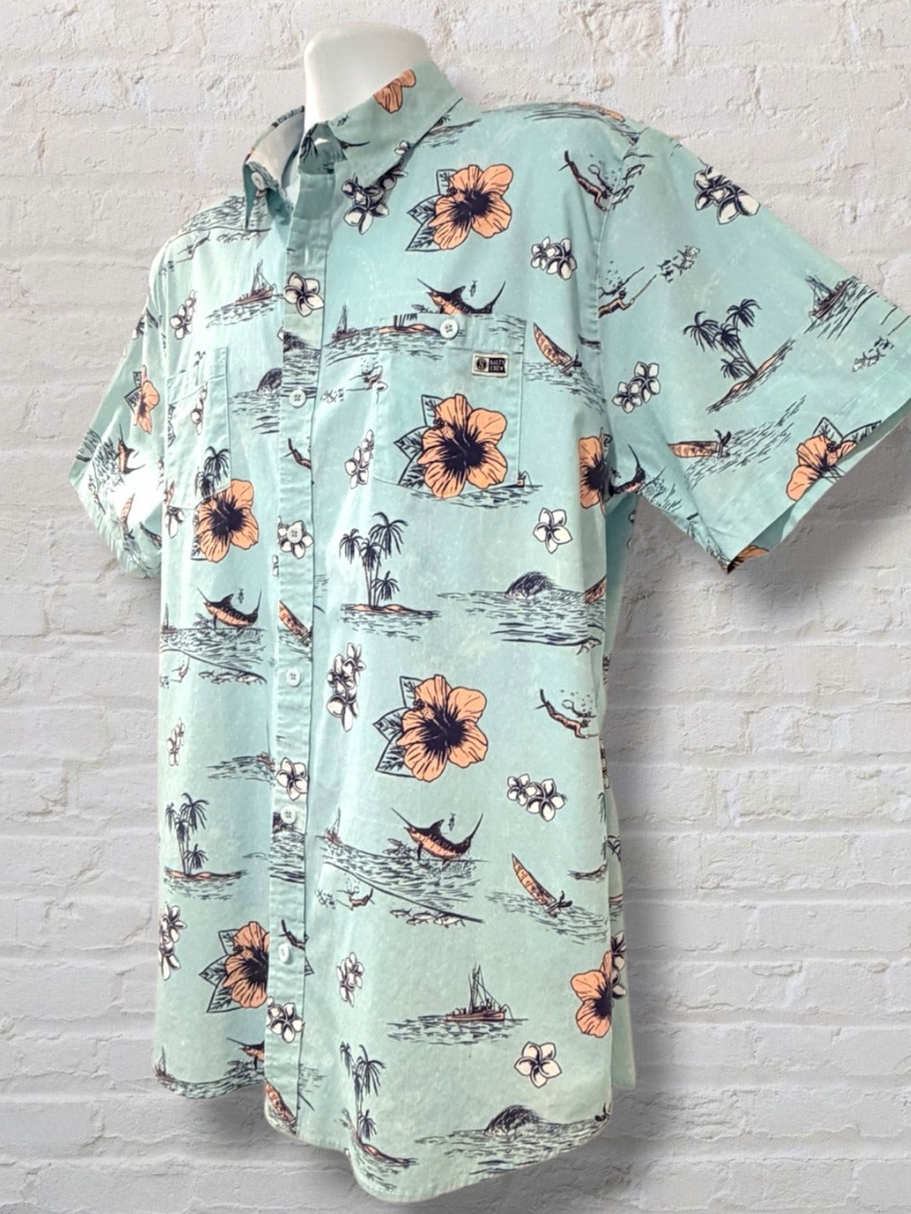 Salty Crew Hawaiian Shirt Mens XXL Mint Green Tropical Marlin Floral Button Up